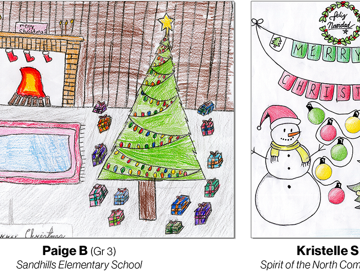 student artwork depicting Christmas themed scenes