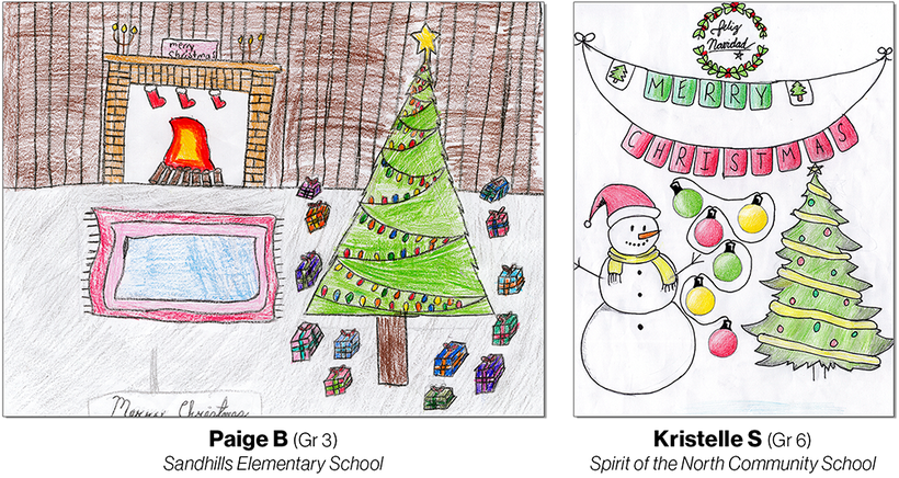 student artwork depicting Christmas themed scenes