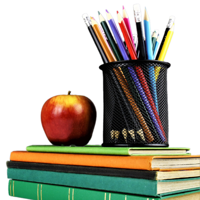 cup of pens and pencils sitting on a stack of books with an apple